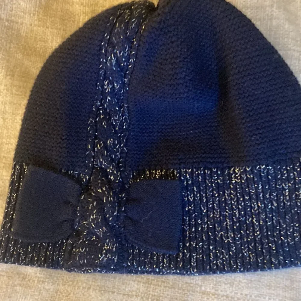 Jacadi Girls Matching Embellished Scarf & Hat Set in Navy / Gold Metallic.